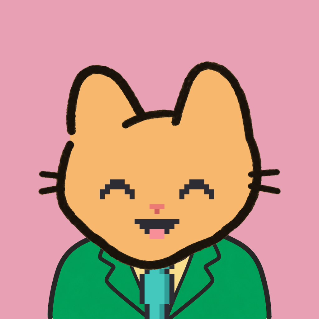 Employee #0356 — a tabby cat, in a green suit, with a teal tie, on rose