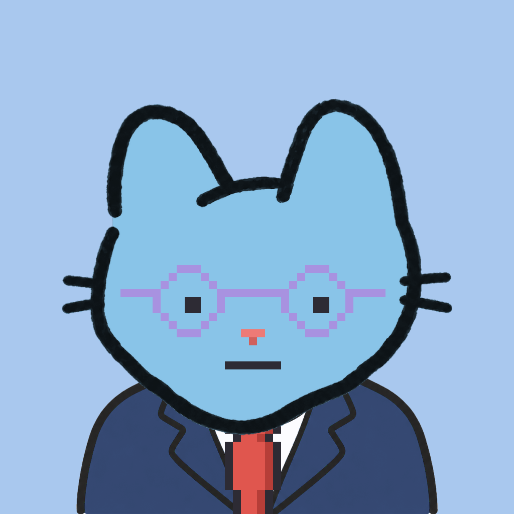 Employee #0357 — a sky cat, in a navy suit, with a red tie, wearing round-lavender glasses, on sky