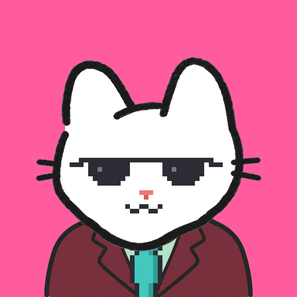 Employee #0358 — a white cat, in a burgundy suit, with a teal tie, wearing shades glasses, on hot pink