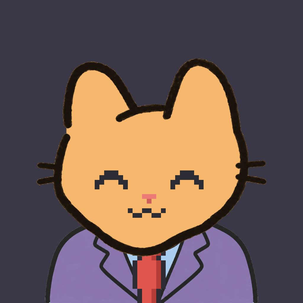 Employee #0359 — a tabby cat, in a lavender suit, with a red tie, on charcoal