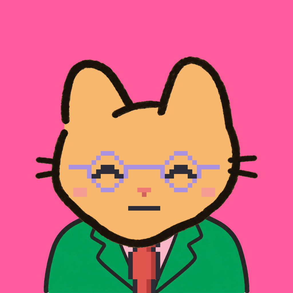 Employee #0036 — a tabby cat, in a green suit, with a red tie, wearing round-lavender glasses, on hot pink