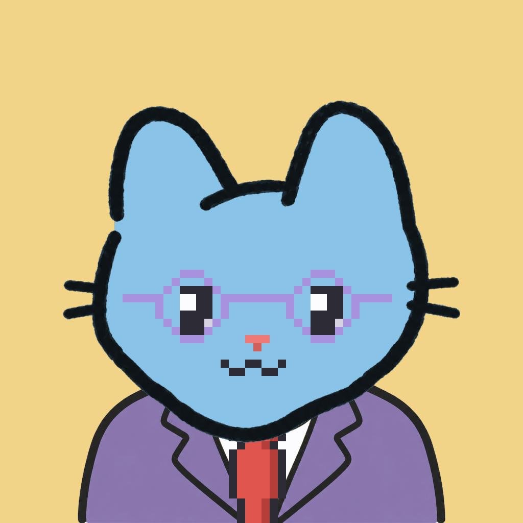 Employee #0360 — a sky cat, in a lavender suit, with a red tie, wearing round-lavender glasses, on butter