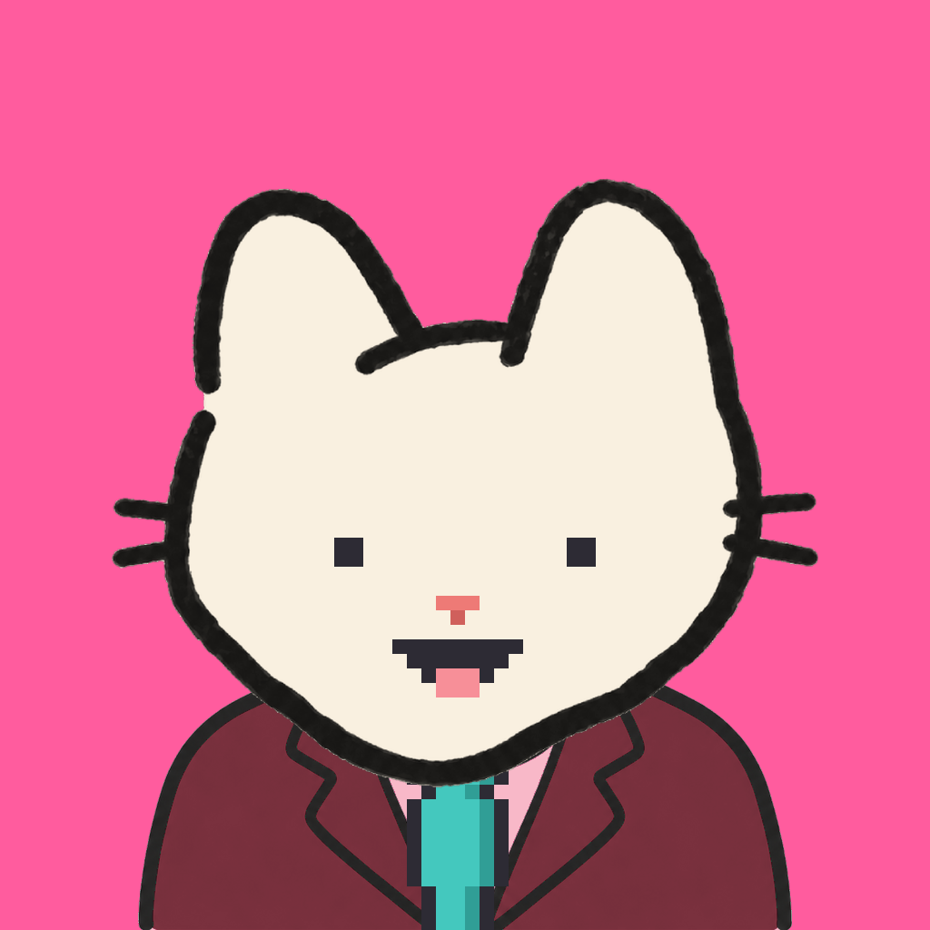 Employee #0361 — a cream cat, in a burgundy suit, with a teal tie, on hot pink