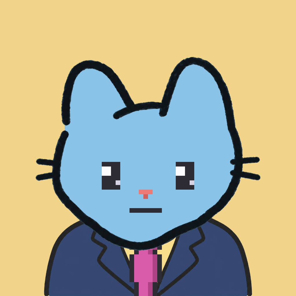 Employee #0362 — a sky cat, in a navy suit, with a magenta tie, on butter
