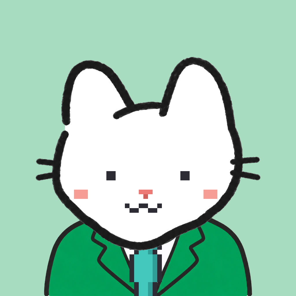 Employee #0363 — a white cat, in a green suit, with a teal tie, on mint