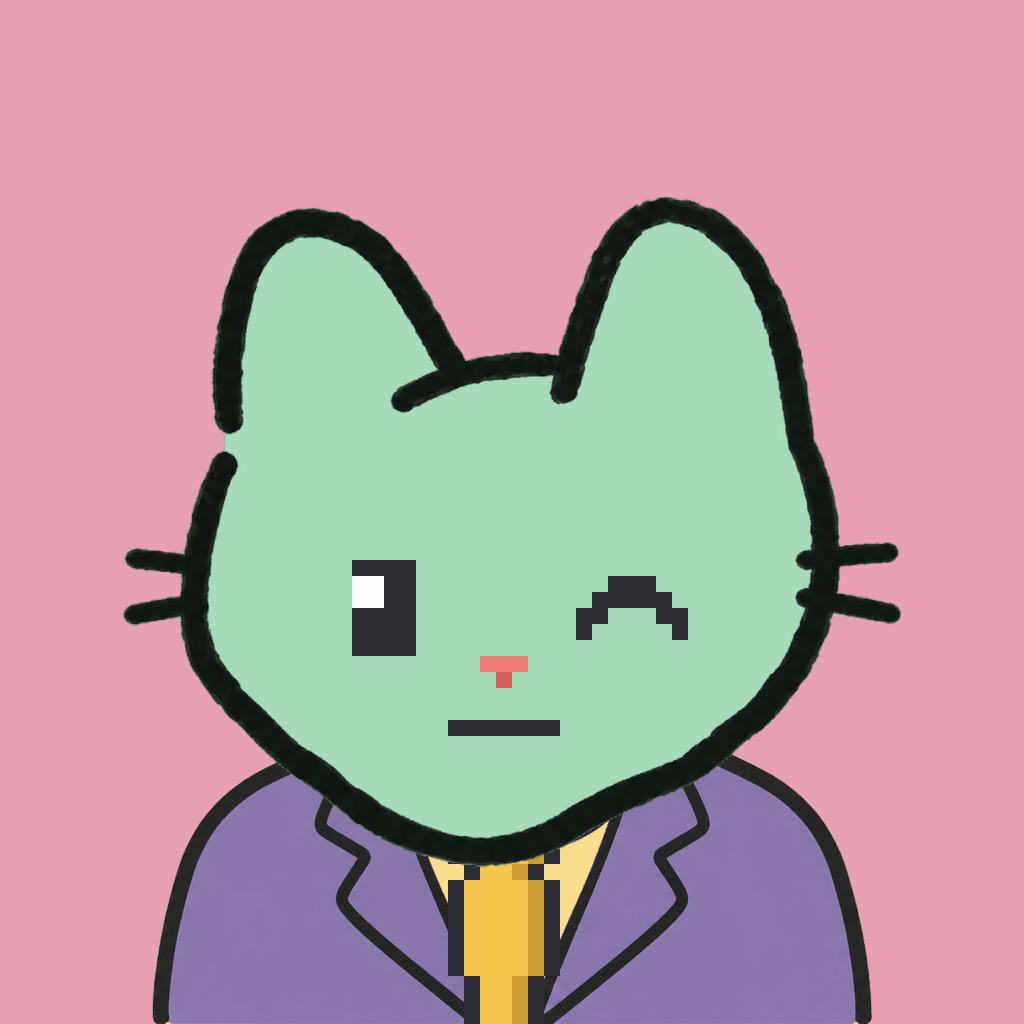 Employee #0364 — a mint cat, in a lavender suit, with a gold tie, on rose
