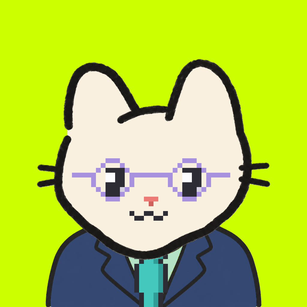 Employee #0365 — a cream cat, in a navy suit, with a teal tie, wearing round-lavender glasses, on volt