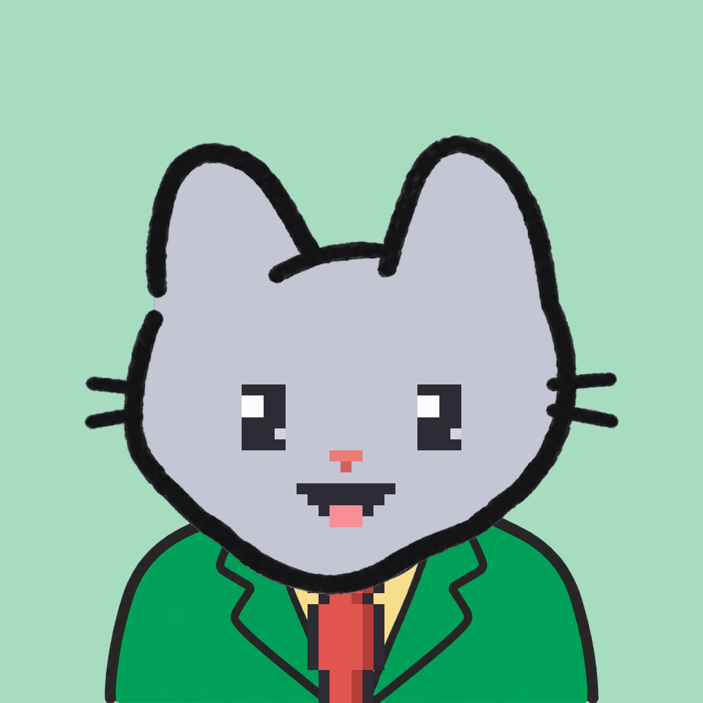 Employee #0366 — a gray cat, in a green suit, with a red tie, on mint