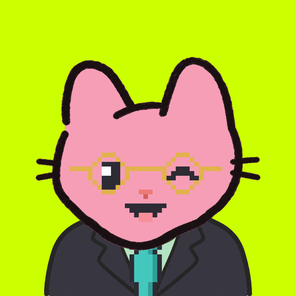 Employee #0367 — a pink cat, in a black suit, with a teal tie, wearing round-gold glasses, on volt