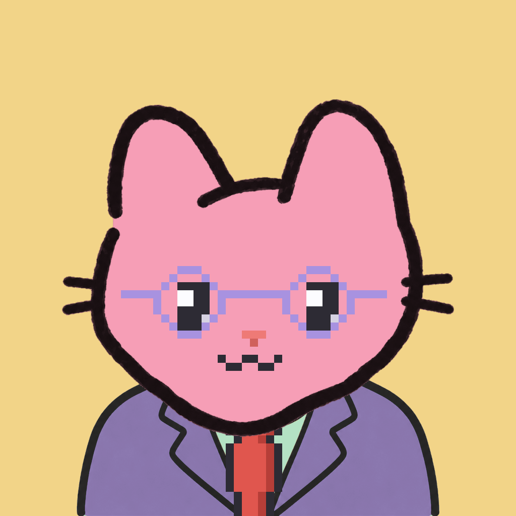 Employee #0368 — a pink cat, in a lavender suit, with a red tie, wearing round-lavender glasses, on butter