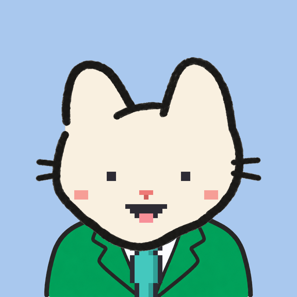 Employee #0369 — a cream cat, in a green suit, with a teal tie, on sky