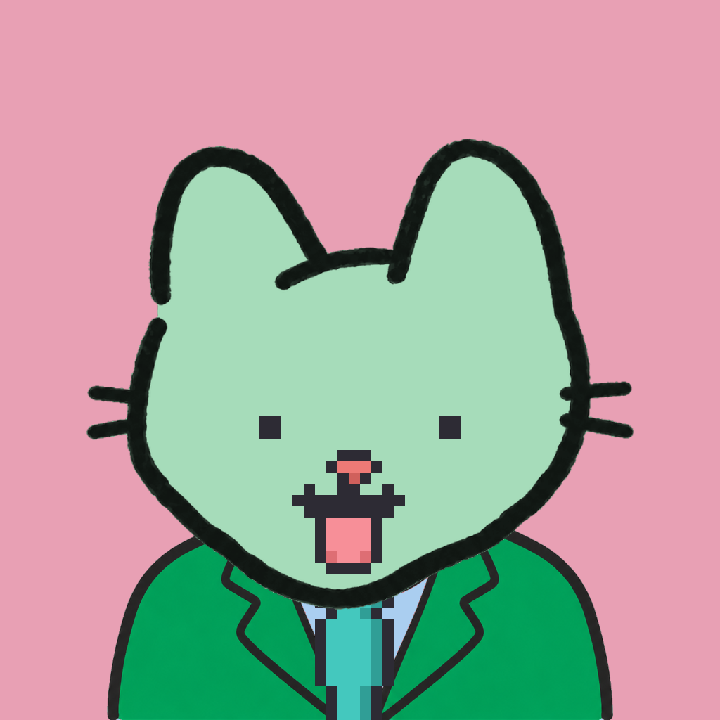 Employee #0037 — a mint cat, in a green suit, with a teal tie, on rose