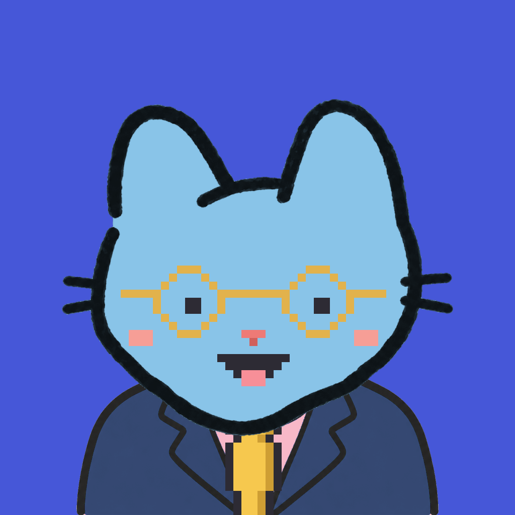 Employee #0370 — a sky cat, in a navy suit, with a gold tie, wearing round-gold glasses, on royal