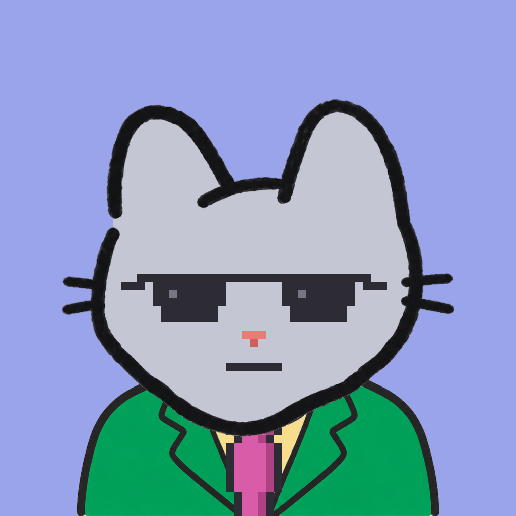 Employee #0372 — a gray cat, in a green suit, with a magenta tie, wearing shades glasses, on periwinkle