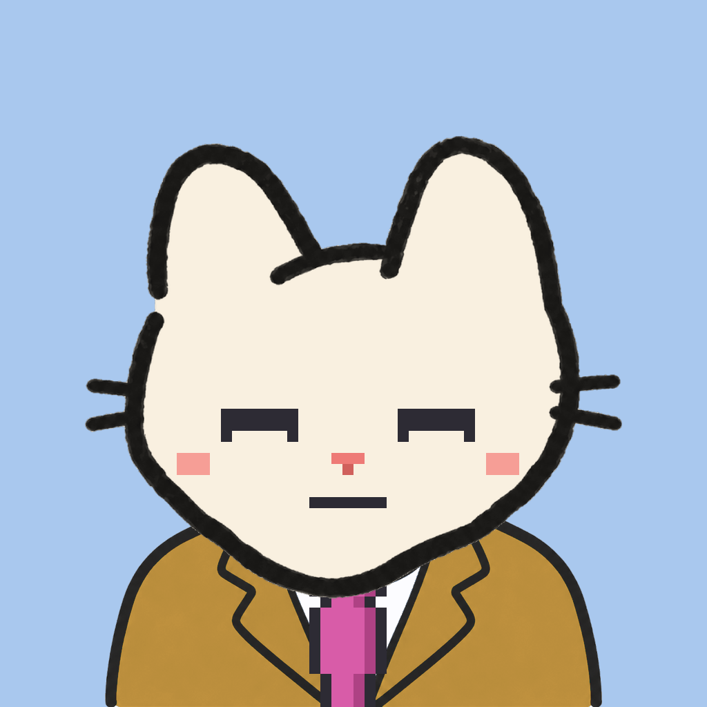 Employee #0373 — a cream cat, in a mustard suit, with a magenta tie, on sky