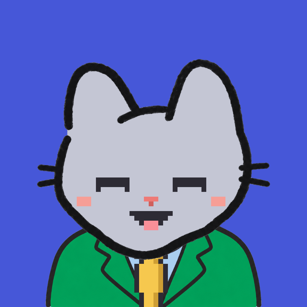 Employee #0374 — a gray cat, in a green suit, with a gold tie, on royal