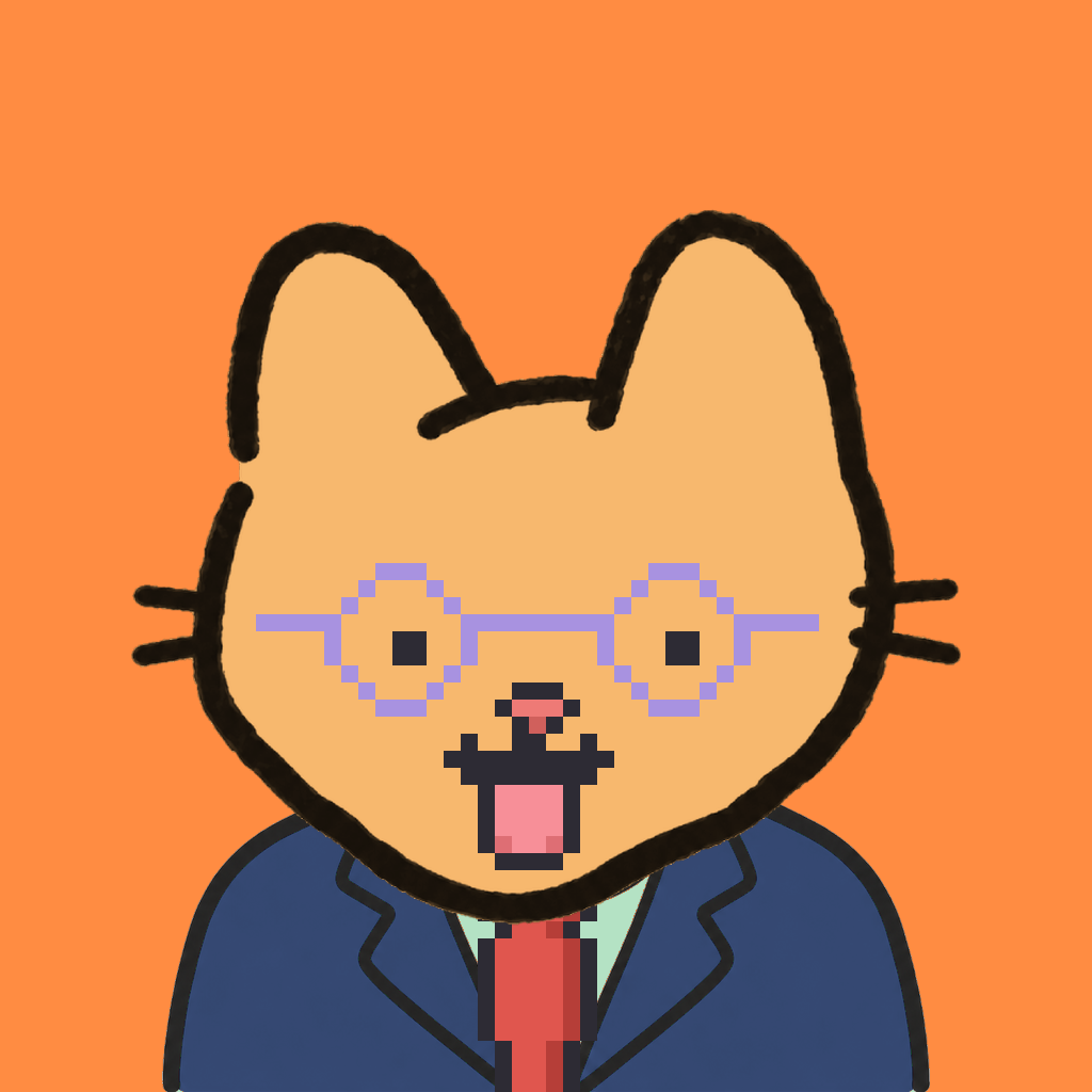 Employee #0375 — a tabby cat, in a navy suit, with a red tie, wearing round-lavender glasses, on tangerine