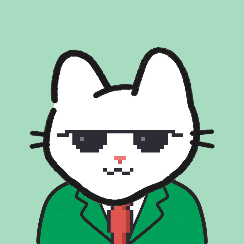 Employee #0376 — a white cat, in a green suit, with a red tie, wearing shades glasses, on mint