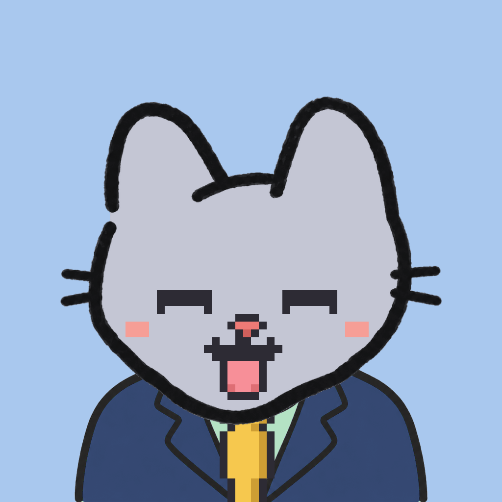 Employee #0377 — a gray cat, in a navy suit, with a gold tie, on sky