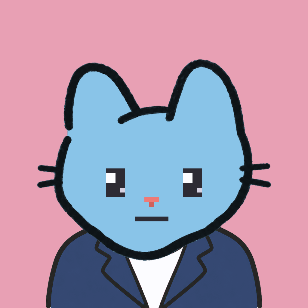 Employee #0378 — a sky cat, in a navy suit, on rose