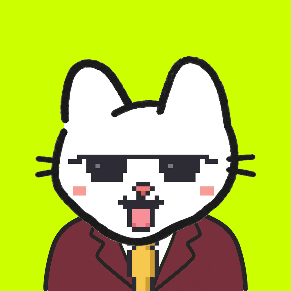 Employee #0379 — a white cat, in a burgundy suit, with a gold tie, wearing shades glasses, on volt