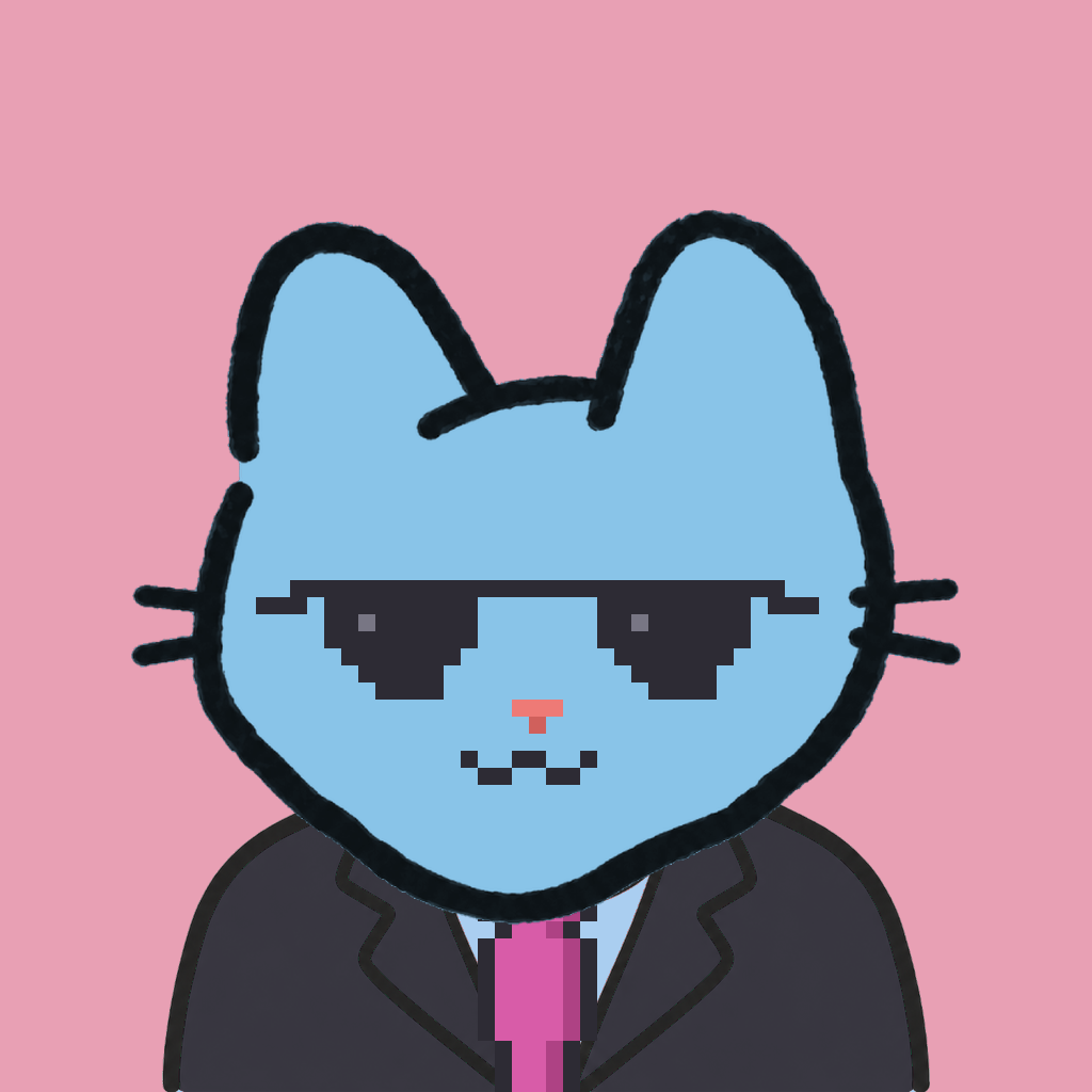 Employee #0038 — a sky cat, in a black suit, with a magenta tie, wearing shades glasses, on rose