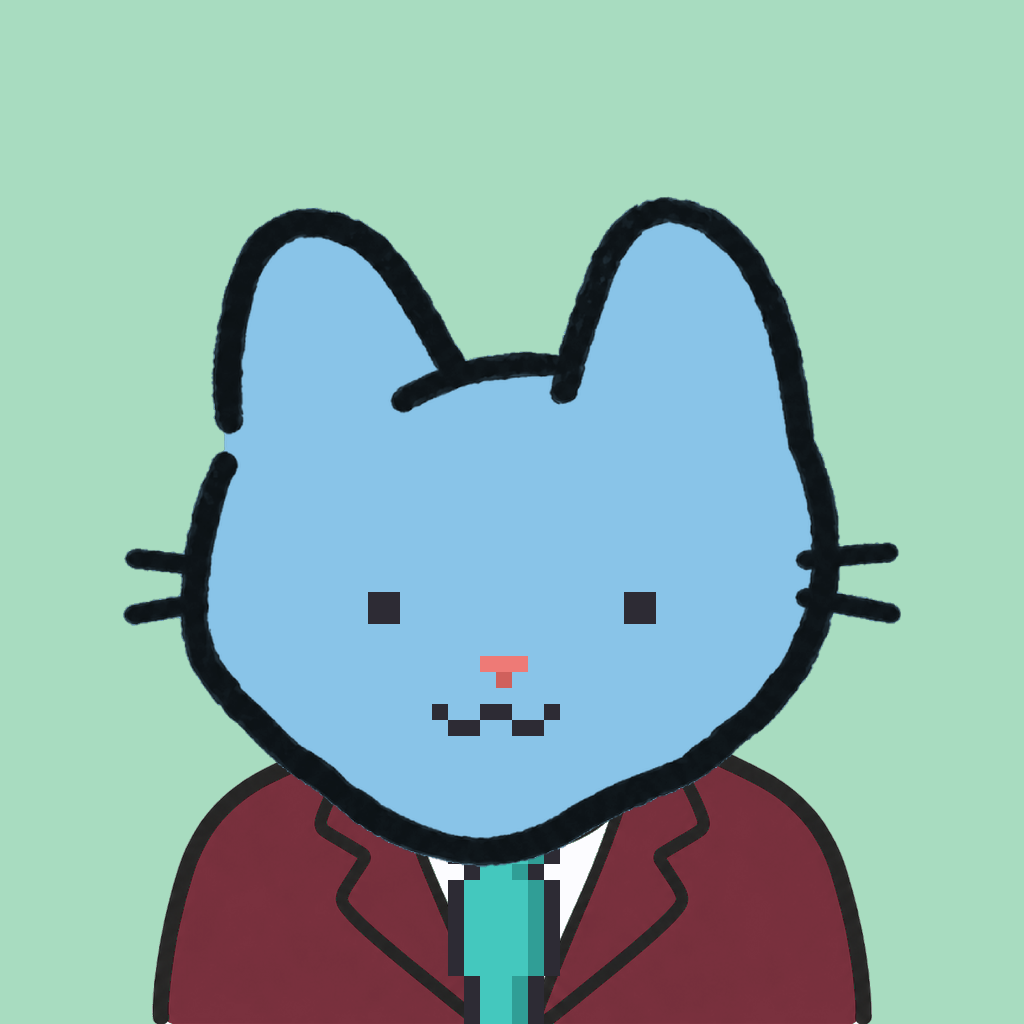 Employee #0380 — a sky cat, in a burgundy suit, with a teal tie, on mint