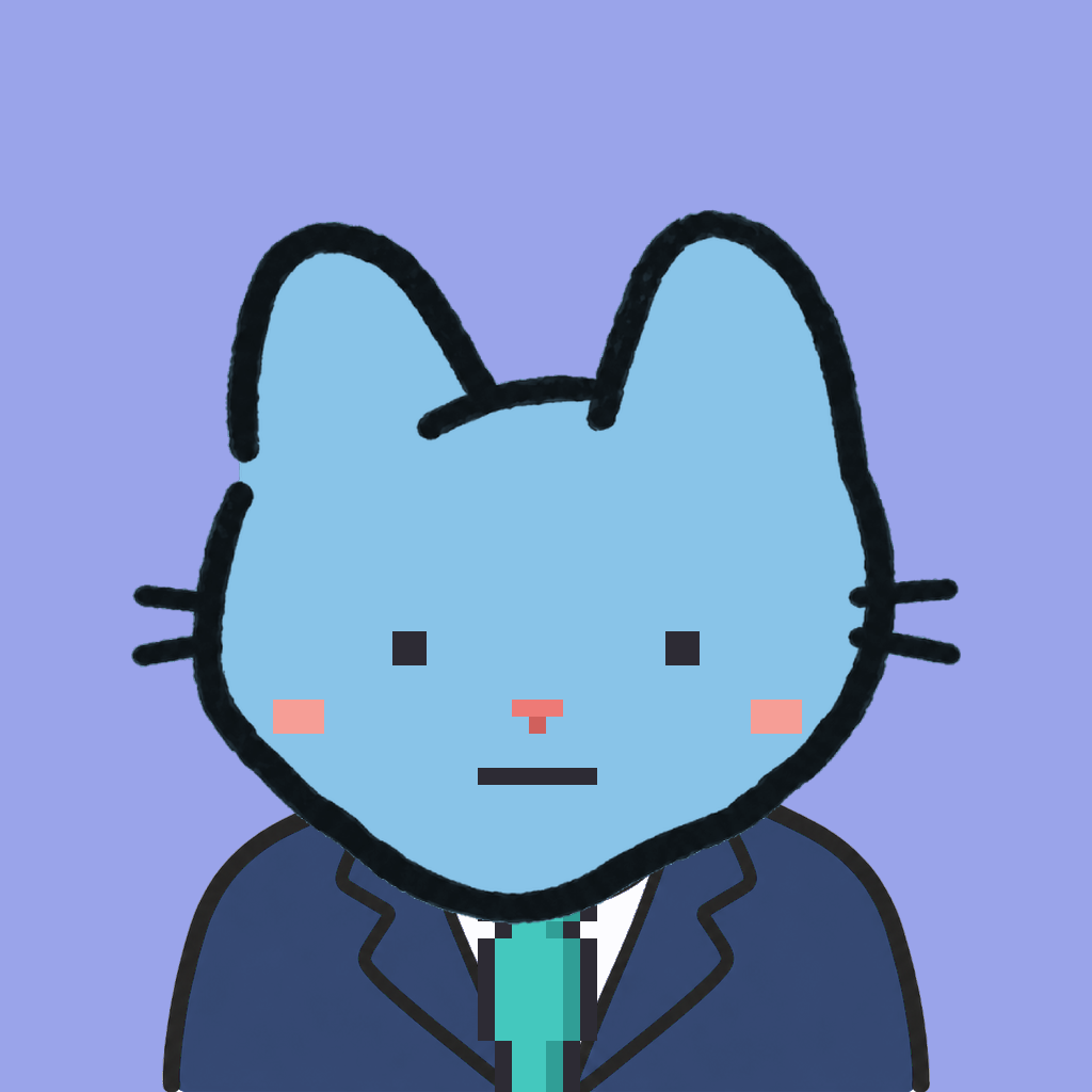 Employee #0381 — a sky cat, in a navy suit, with a teal tie, on periwinkle