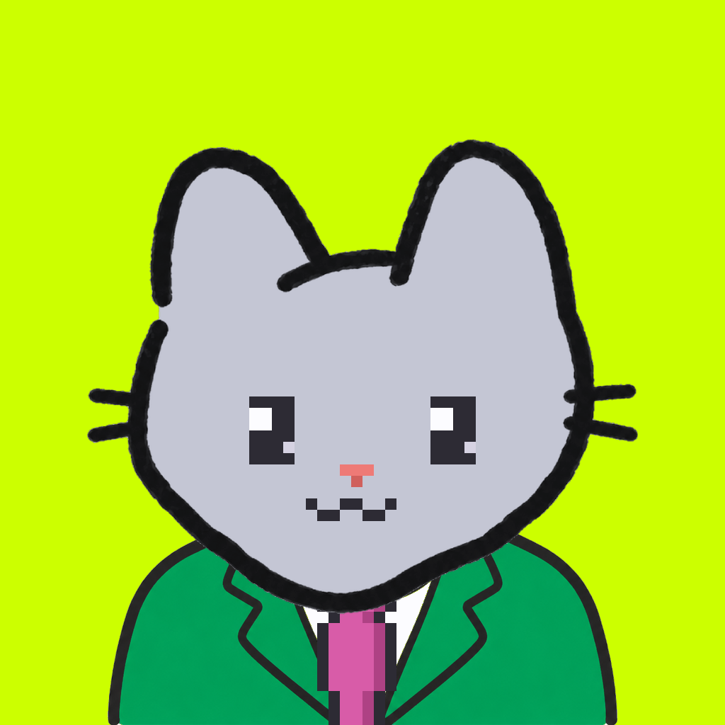 Employee #0382 — a gray cat, in a green suit, with a magenta tie, on volt