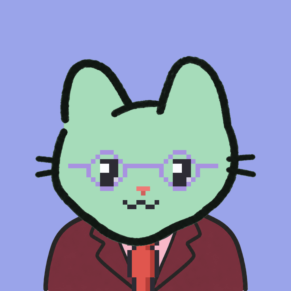 Employee #0383 — a mint cat, in a burgundy suit, with a red tie, wearing round-lavender glasses, on periwinkle