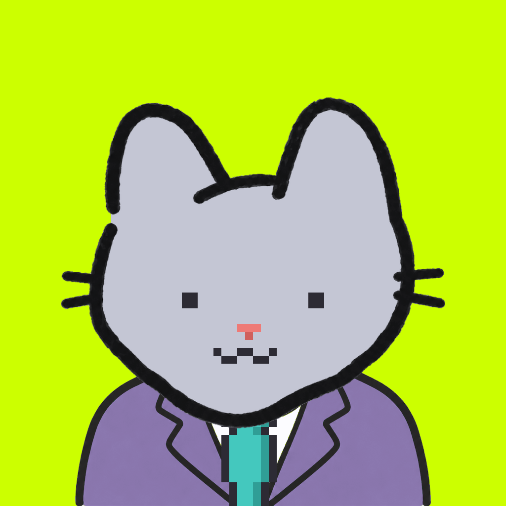 Employee #0384 — a gray cat, in a lavender suit, with a teal tie, on volt