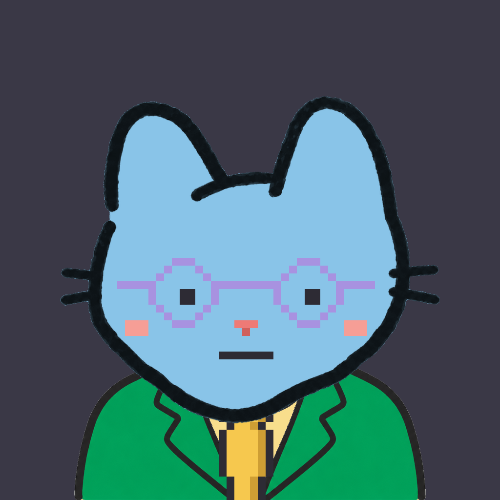 Employee #0385 — a sky cat, in a green suit, with a gold tie, wearing round-lavender glasses, on charcoal