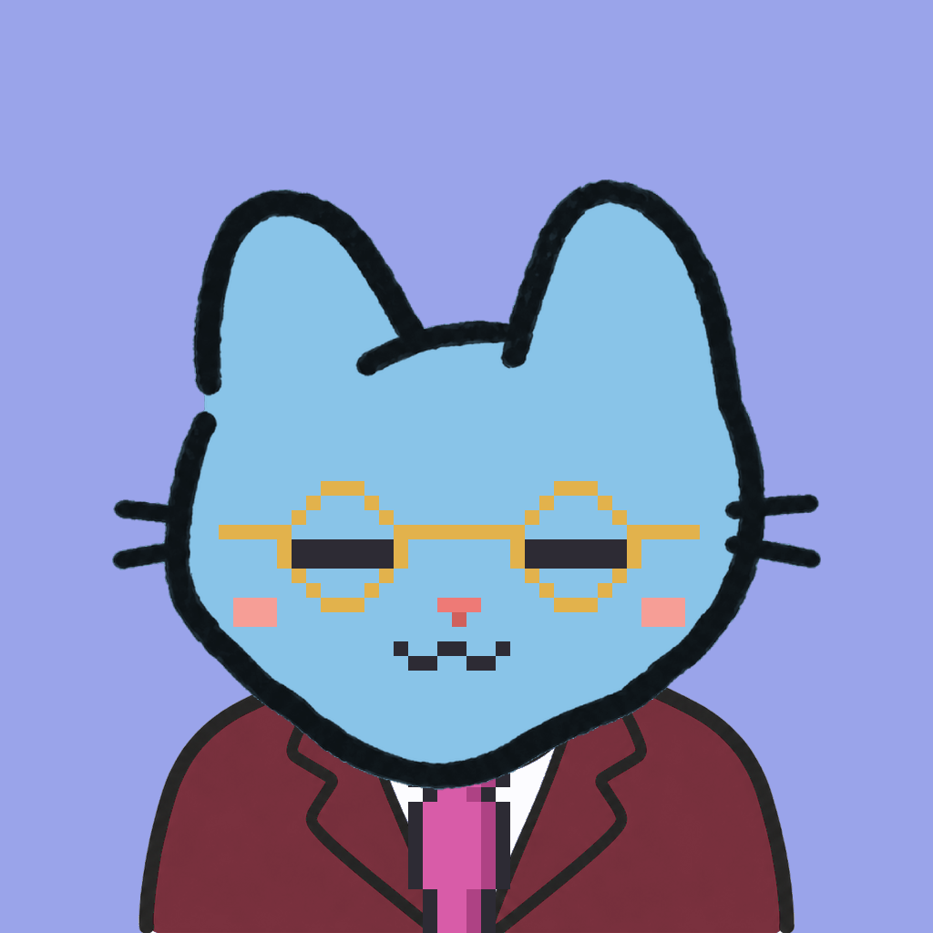 Employee #0386 — a sky cat, in a burgundy suit, with a magenta tie, wearing round-gold glasses, on periwinkle