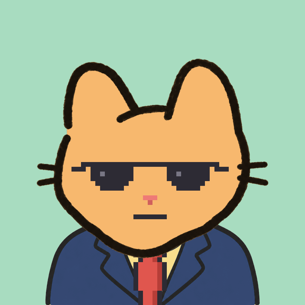 Employee #0387 — a tabby cat, in a navy suit, with a red tie, wearing shades glasses, on mint