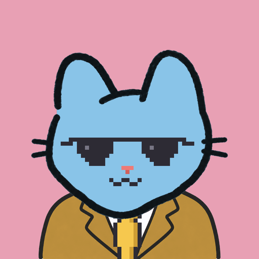 Employee #0388 — a sky cat, in a mustard suit, with a gold tie, wearing shades glasses, on rose