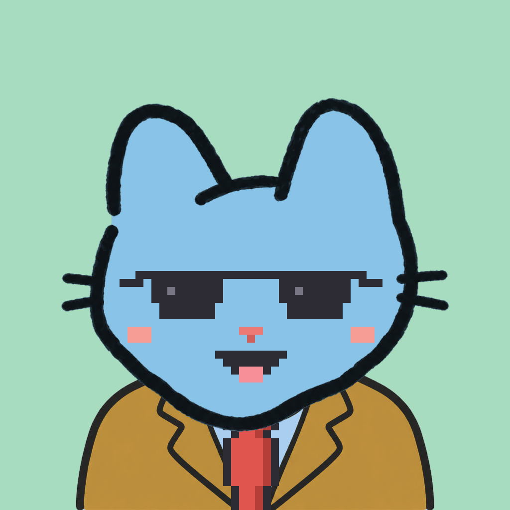 Employee #0389 — a sky cat, in a mustard suit, with a red tie, wearing shades glasses, on mint