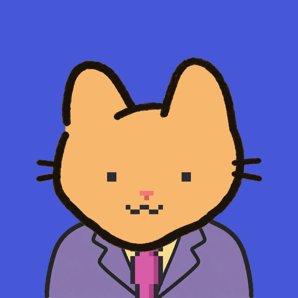 Employee #0039 — a tabby cat, in a lavender suit, with a magenta tie, on royal