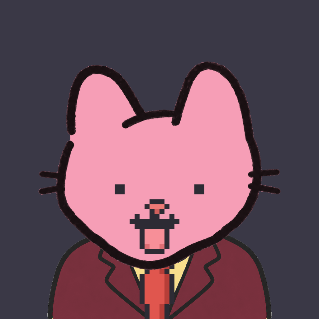 Employee #0390 — a pink cat, in a burgundy suit, with a red tie, on charcoal