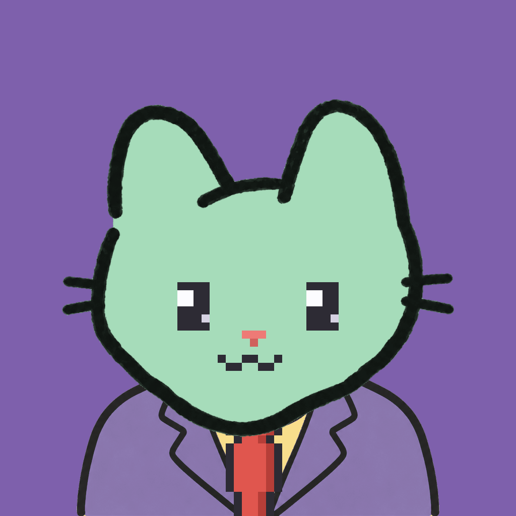 Employee #0391 — a mint cat, in a lavender suit, with a red tie, on plasma violet