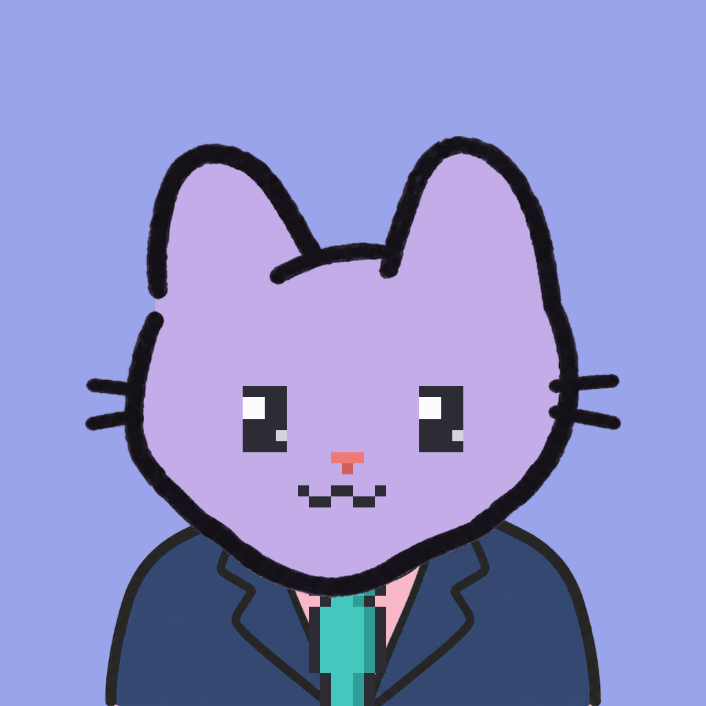 Employee #0392 — a lavender cat, in a navy suit, with a teal tie, on periwinkle
