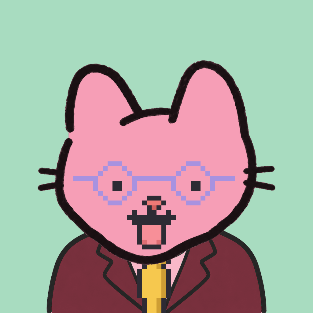 Employee #0393 — a pink cat, in a burgundy suit, with a gold tie, wearing round-lavender glasses, on mint