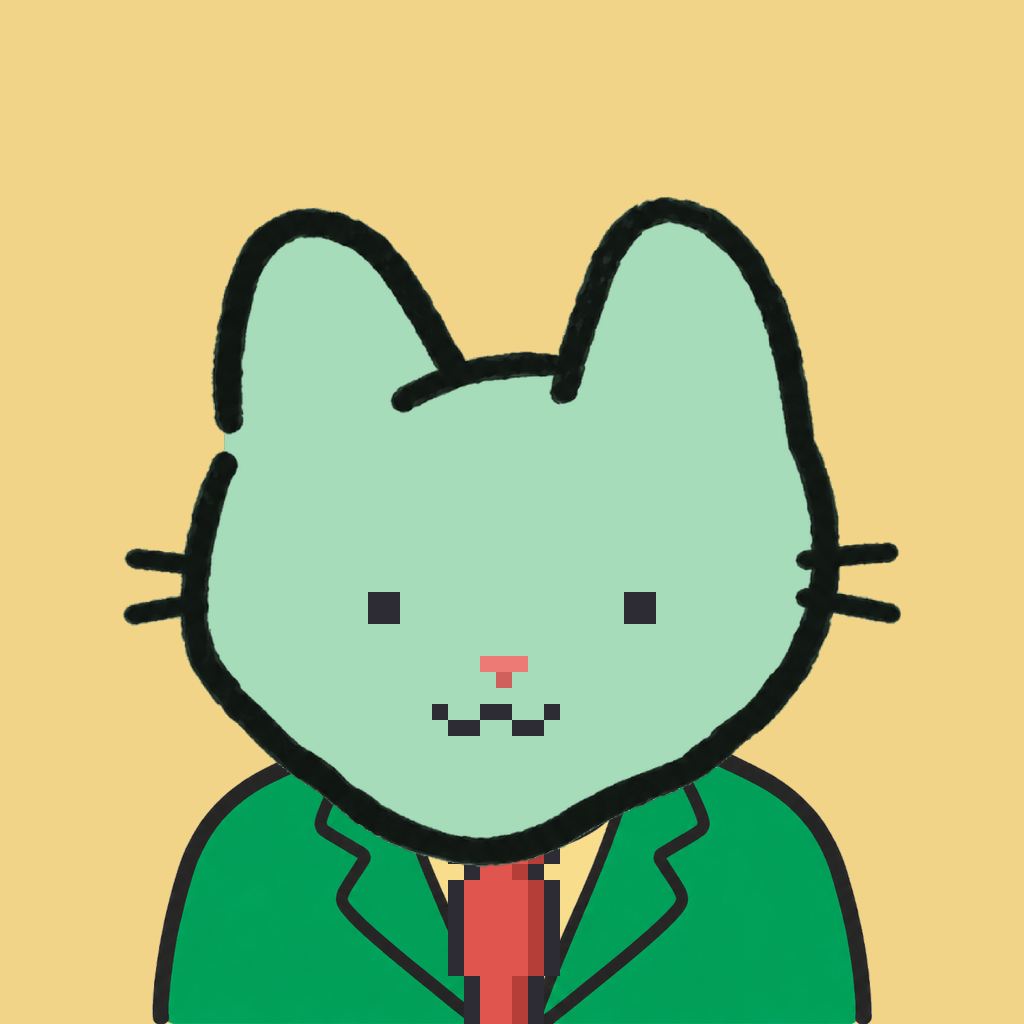 Employee #0394 — a mint cat, in a green suit, with a red tie, on butter