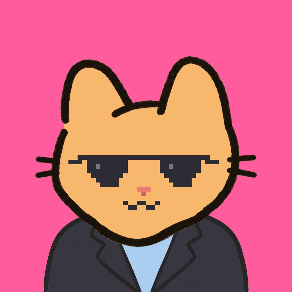 Employee #0395 — a tabby cat, in a black suit, wearing shades glasses, on hot pink