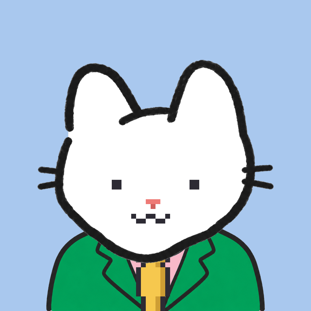 Employee #0397 — a white cat, in a green suit, with a gold tie, on sky