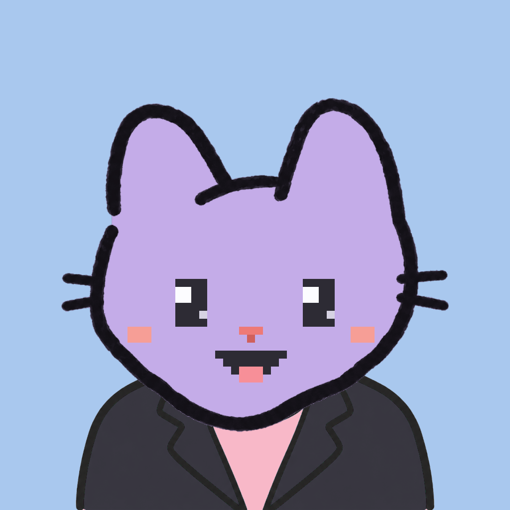 Employee #0398 — a lavender cat, in a black suit, on sky
