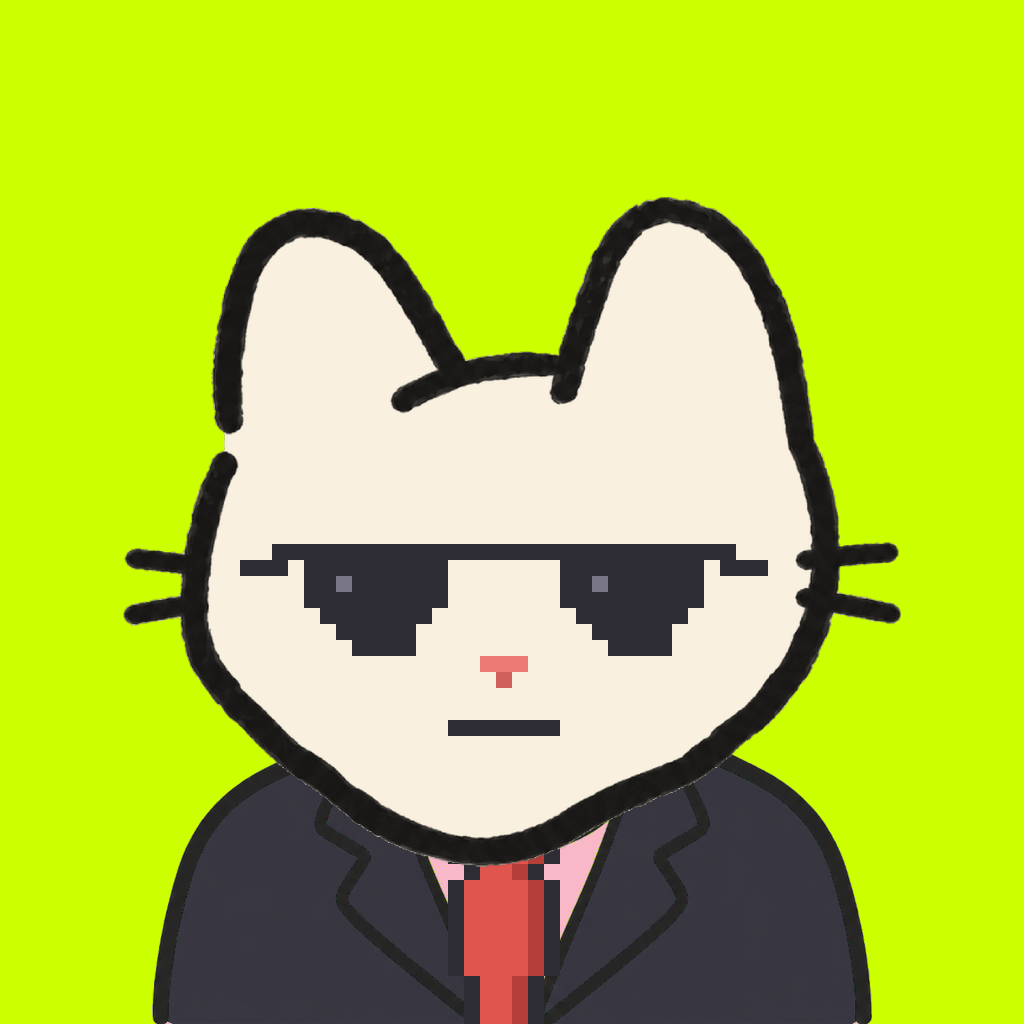 Employee #0399 — a cream cat, in a black suit, with a red tie, wearing shades glasses, on volt