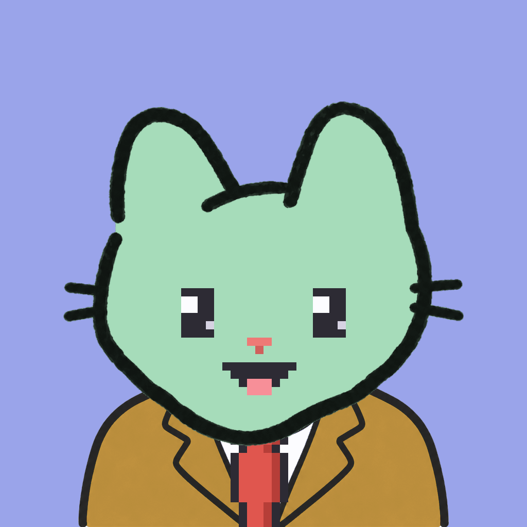Employee #0004 — a mint cat, in a mustard suit, with a red tie, on periwinkle