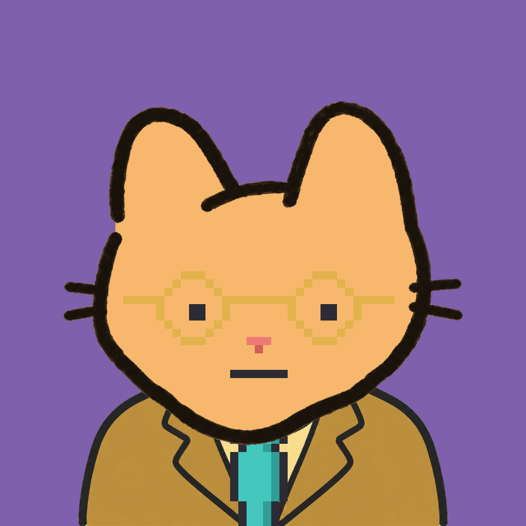 Employee #0040 — a tabby cat, in a mustard suit, with a teal tie, wearing round-gold glasses, on plasma violet