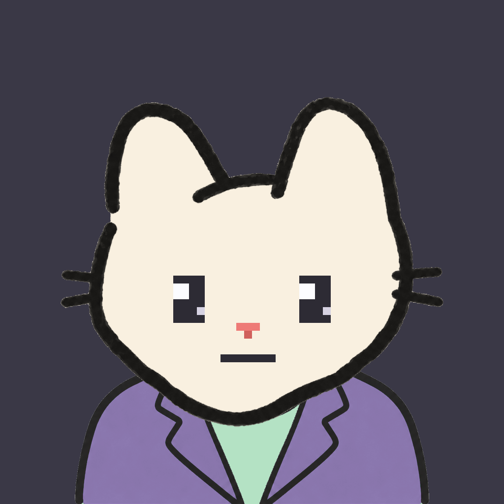 Employee #0400 — a cream cat, in a lavender suit, on charcoal