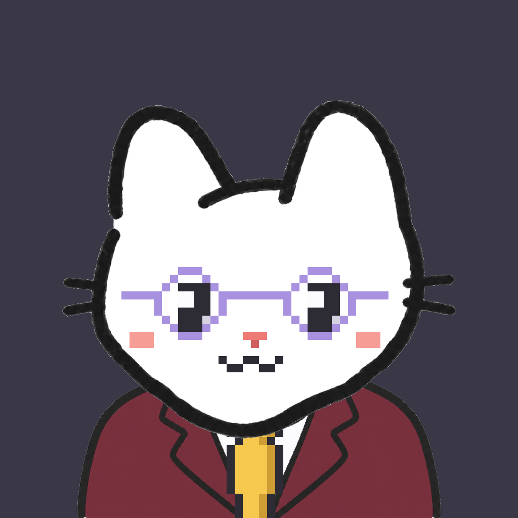 Employee #0401 — a white cat, in a burgundy suit, with a gold tie, wearing round-lavender glasses, on charcoal